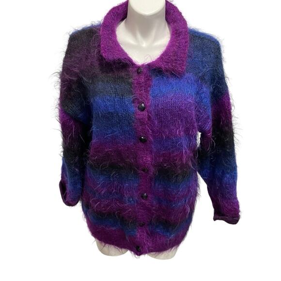Vintage Handknit Mohair Wool Heather Designs Scotland Purple Blue Sweater Jacket - Picture 1 of 8
